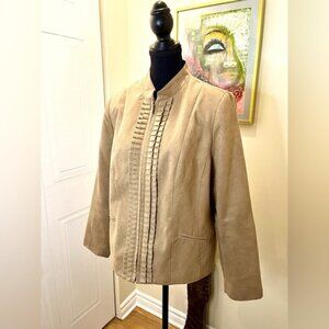 Tanjay Petites Tan Sueded Ruffled Zip Front Jacket W Pockets Fully Lined
